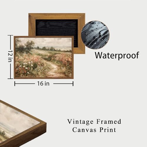 OIQArtOIQ Framed Canvas Wall Art,Vintage Decor,Landscape Nature Country Wildflower Paintings Farmhouse Pictures Modern Artwork Rustic Fall Flower Prints Cottagecore Office Living Room Bedroom Bathroom - color: Wildflower Path, size: 12x16 in