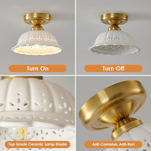 Vintage Ceramic Semi Flush Mount Ceiling Light - 2 Pack, Gold Hallway Light Fixture, Mid Century Small Close to Ceiling Lamp，Unique Flush Lighting Fixtures for Entryway Laundry Room Kitchen Cottage - color: Porous ceramics-Gold
