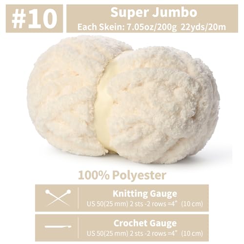 10 Pack Jumbo Chenille Yarn for Crocheting, #10 Super Bulky Baby Soft Yarn for Hand Knitting, 220 yds /70.5 oz Fluffy Chunky Knit Throw Blanket Yarn (Milky White) - color: Milky White