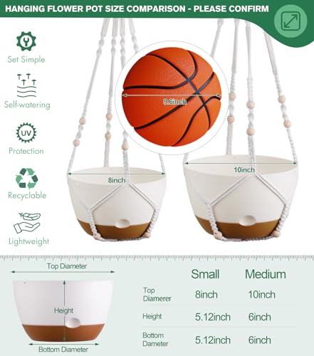 montresor Set of 2-8 Inch Hanging Planters for Indoor Plants with Self-Watering Includes Hanging Pots for Plants, Outdoor Plant Pot with Drainage, and 2 Types of Hanging Baskets Hangers (White) - color: White, size: 8inch