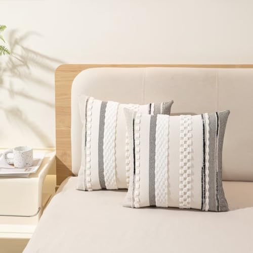 Boho Throw Pillow Covers 18x18 Set of 2 Farmhouse Decorative Cushion Case Striped Square Pillows Cover Chenille Pillow Cases Accent Neutral Pillowcase for Sofa Couch Bed,White - color: White Stripe