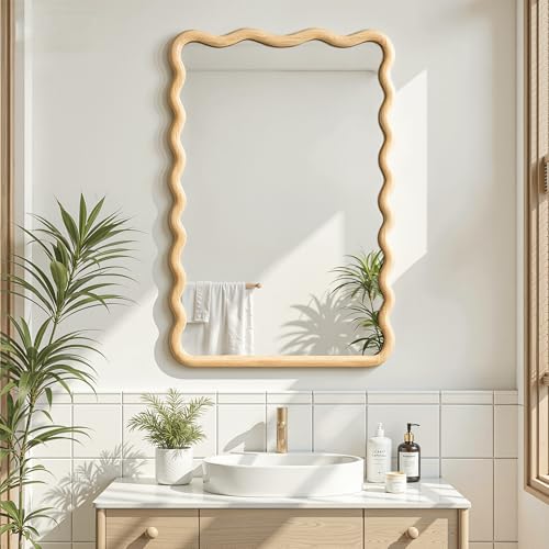 Wavy Mirror for Wall, 36"x24" Boho Bathroom Vanity Mirror with Wooden Frame, for Bedroom, Living Room, Entryway, Farmhouse - size: 36"L x 24"W