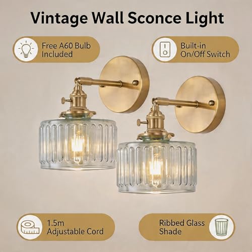 2 Pack Vintage Wall Sconces, Striped Glass Shade Wall Lamp with 2 Natural Light Bulbs, Hardwired Design with Rotary Switch, Decorative Light for Bedroom Hallway Living Room - color: Clear 2pcs Ribbed Glass Wall Light