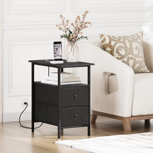 HOOBRO End Table with Charging Station, Narrow Side Table, Nightstand with 2 Non-Woven Drawers, Slim Sofa Side Table, for Small Spaces, Living Room, Bedroom, Black BB486UBZ01 - color: Black, size: 11.8"L x 18.9"W x 23.6"H