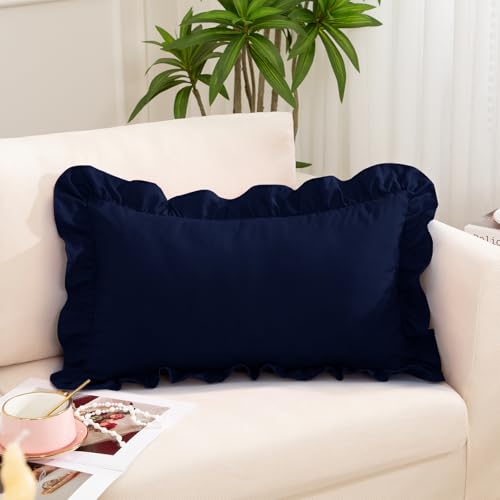 Navy Blue Ruffle Lumbar Pillow Cover 12x20 Inch, Ruffled Cushion Case Covers for Couch Sofa Bed Living Room, Decorative Farmhouse Throw Pillow Cover, Pack of 1 - color: Navy Blue, size: 20" x 12" (Pack of 1)