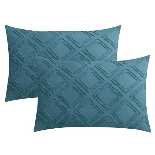 JELLYMONI Pillowcases Standard Size Grayish Blue 2 Pack Boho Plaid Bed Pillow Covers 20x26in Polyester Envelope Pillow Shams Tufted Bohemian Textured (Pillows are not Included) - color: 05 - Grayish Blue - Grid, size: 26" x 20" (Pack of 2)