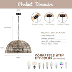 OCIOC Rattan Pendant Lighting, 23.6" Kitchen Island Hanging Light Fixtures,Large Boho Hand-Woven Chanderlier, E26 Farmhouse Retro Ceiling Chandelier 4-Lights For Dining Room Kitchen Island Living Room - size: 23.6" 4-Light