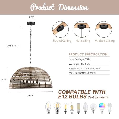 OCIOC Rattan Pendant Lighting, 23.6" Kitchen Island Hanging Light Fixtures,Large Boho Hand-Woven Chanderlier, E26 Farmhouse Retro Ceiling Chandelier 4-Lights For Dining Room Kitchen Island Living Room - size: 23.6" 4-Light