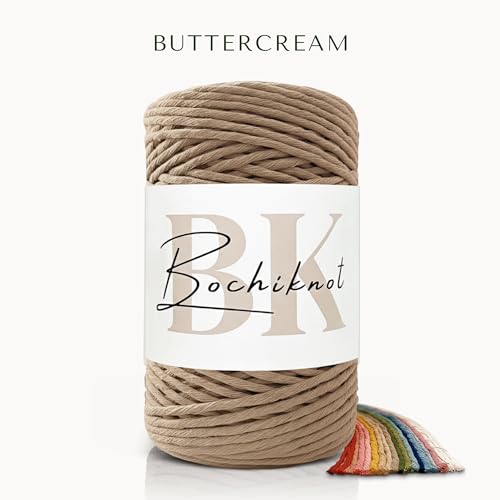 BOCHIKNOT Single Strand Macrame Cord 4mm x 240yds (220m) – Soft Cotton Macrame Rope for Beginners, Easy to Knot for Wall Hangings, Plant Hangers, Fringe and DIY Crafts (Buttercream) - color: Buttercream, size: (4mm x 219m) - Single Strand Twist