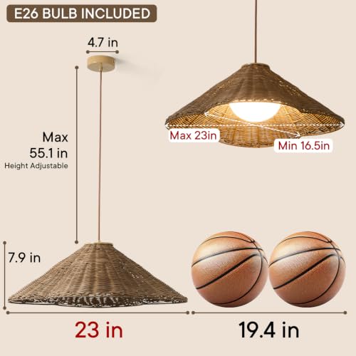23” Rattan Chandelier Light Fixture, Boho Hand Woven Wicker Pendant Light, Vintage Rustic Hanging Lighting for Dining Room, Kitchen Island, Foyer, Natural Farmhouse Lighting Fixture - size: 23 inch