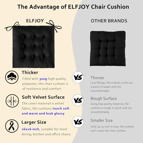 ELFJOY 4 Pack Chair Cushions for Dining Chairs Chair Pads Cushion for Kitchen Office Tufted Square Seat Cushion with Ties (16" Black Velvet) - color: Black Velvet