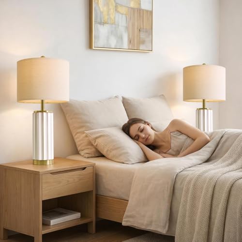 USumkky 25.75" Off-White Ceramic Table Lamp Set of 2, Mid Century Modern Bedside Nightstand Lamps for Bedroom Living Room, Linen Shade & Gold Metal Base, Rotary Switch E26 (Bulbs Excluded) - color: 25.75" Fluted Column-2 Pack