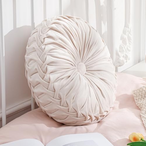 Drydiet 1 Pcs Round Throw Velvet Pillows Decorative Pleated Throw Pillows Diameter Accent Pumpkin Boho Chair Cushion for Couch Sofa Home Decoration (Beige,15'') - color: Beige, size: 15''