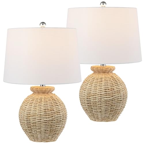 JONATHAN Y 22" Brown Rattan Rustic Coastal Table Lamp Set of 2, Woven Wicker Globe Base with White Linen Shade for Living Room Bedroom, UL Listed, LED Bulbs Included JYL4050A-SET2
