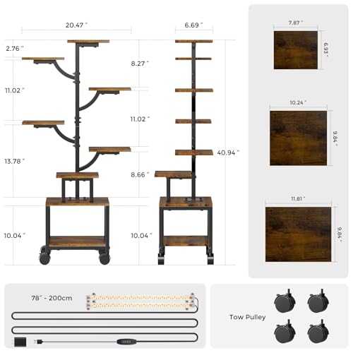 Plant Stand Indoor with Grow Lights - 7-Tier Plant Stand with Wheels, Tall Metal and Wood Indoor Plant Shelf with Tree Design, Rolling Flower Pot Holder Rack with Waterproof Finish, Adjustable Display Stand for Home Garden, Patio, 41" Tall - size: 41in