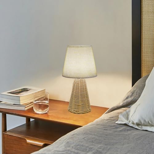 Vintage Small Wicker Lamp, Rattan Body Fabric Lampshade, Adjustable Light Color and Brightness, Power-Off Memory, Safe USB Powered, Boho Style Night Light for Bedroom Living Room (Cone-FlaxYellow) - color: Cone-FlaxYellow