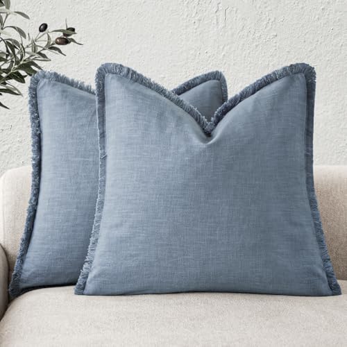 Foindtower Set of 2 Decorative Linen Fringe Throw Pillow Covers Cozy Boho Farmhouse Cushion Cover with Tassels Soft Accent Pillowcase for Couch Sofa Bed Living Room Home Decor, 16×16 Inch, Misty Blue - color: Spring Lake, size: 16" x 16" (Pack of 2)
