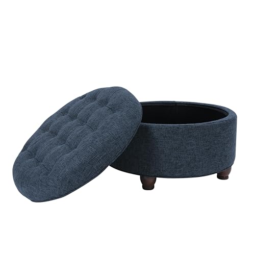 Homepop Home Decor | Large Button Tufted Woven Round Storage Ottoman for Living Room & Bedroom (Navy Woven) 25 inch D x 25 inch W x 15 inch H - color: Navy
