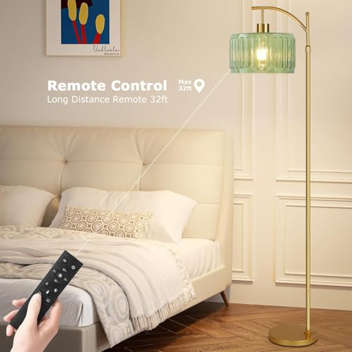 QIYIZM Glass Floor Lamp for Living Room,Bedroom,Gold Dimmable Standing Lamp with Remote,Mid Century Modern Brass Tall Lamp Boho Vintage Retro Floor Lamps Arc Green Flower Floor Light Lamp Bohemian - size: 25-Floor Lamp
