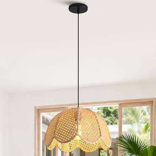 Boho Rattan Pendant Light, 16" Wicker Chandelier for Dining Room, Hand-Woven Flower Shaped Ceiling Light, Natural Farmhouse Hanging Lamp for Kitchen Island, Bedroom, Living Room, Adjustable Cord, E26 - color: D3050