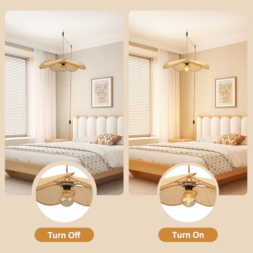 Bamboo Plug in Pendant Light, 24 Inch Flower Handwoven Rattan Lampshade Stepless Dimmable Boho Chandelier, 11.3 ft Plug in Hanging Lamp for Hallway Kitchen Island Dining Room Bedroom(Not Bulb)
