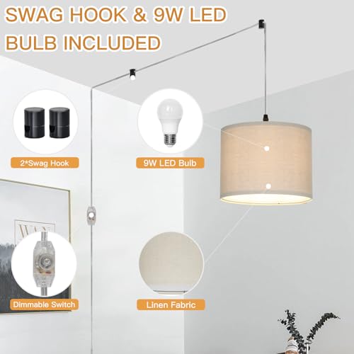 CINSARY Plug in Pendant Light, Hanging Light with Plug in Cord with Dimmable Switch, Hanging Lamp with 15 ft Clear Cord, Linen Pendant Light Fixture for Bedroom (Bulb Included) - color: Beige