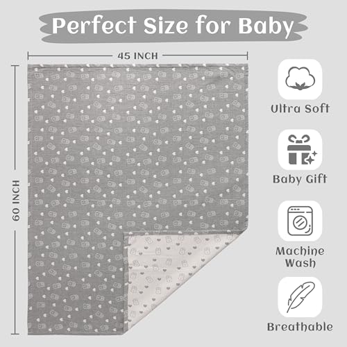 NTBAY 3 Layer Oversized Muslin Cotton Toddler Blanket, Jacquard Reversible Nursery Bed Blanket, Super Soft and Thermal for All Seasons, Baby Gift, 45"x60", Dark Grey Rabbit - color: Dark Grey Rabbit, size: 45x60 Inch (Pack of 1)