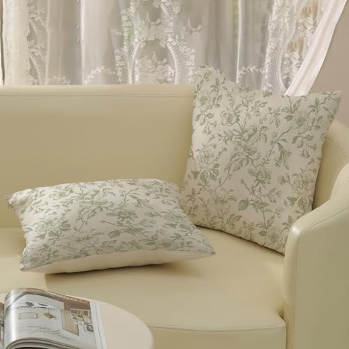 Sage Green Vintage Floral Pillow Covers 16x16 Inch 2 Pcs Green Cream Rustic Toile Chinoiserie Flower Decor Throw Pillows Outdoor Decoration Pillowcase Linen Cushion Cover for Couch Sofa Bed - color: Sage Green Vintage Floral, size: 16" x 16" (Pack of 2)