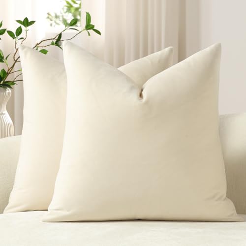 DEZENE Throw Pillow Covers 22x22 Cream: Pack of 2 Cozy Soft Velvet Square Modern Luxury Decorative Throw Pillow Cases for Sofa Couch Living Room Bed Home Decor - color: Vanilla Ice, size: 22" x 22" (Pack of 2)