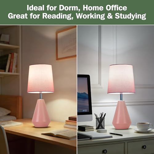 Small Bedside Table Lamp for Bedroom - Reading Desk Lamp with 3 Color Temperatures，15.5" Nightstand Ceramic Lamp with Fabric Shade for Kids Room,Living Room,Dorm,Home Office (Pink) - color: Pink, size: 15.5"