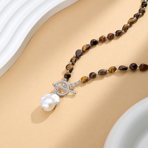 Beaded Necklaces for Women with Baroque Pearl, Turquoise Amethyst Lapis lazuli Tiger Eye Handmade Boho Bead Choker Necklace, Natural Stone Summer Jewelry Birthday Mother Gift for Women - color: Tiger Eye Stone