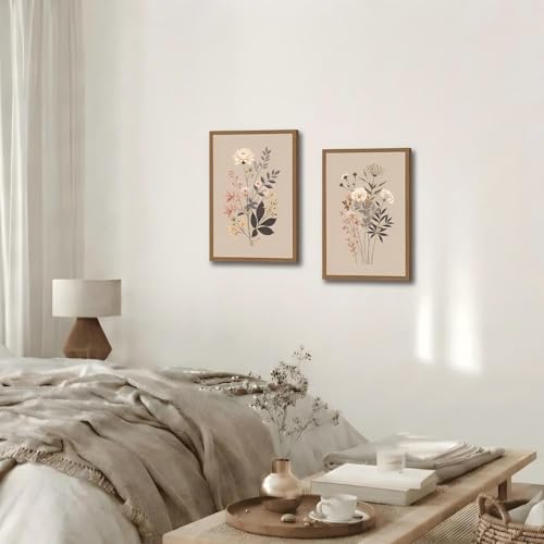 2pcs Framed Botanical Canvas Prints - Neutral Floral Wall Art With Wildflowers - Minimalist Nature Posters For Living Room, Bedroom, Office Decor -Modern Flower Picture 16x24in - color: Retro Natural Wildflowers, size: 16x24in