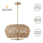 20" Boho Rattan Chandelier for Dining Room,5-Light Hand-Woven Natural Rattan Ceiling Light Fixture with Adjustable Chain, E12 Sockets Dimmable Pendant Light for Kitchen Living Room Hotel(Gold) - color: Gold 5-Light 20" Round