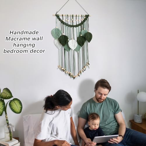 Artilady Macrame Wall Hanging -Handmade Sage Green Leaf Wall Tapestry,Boho Decorations for Bedroom Living Room Bathroom,Earthy Room Decor,Wedding Birthday for Women Girls - color: Dark Green Beige