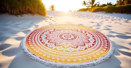 Mandala Round Beach Tapestry Boho Hippie Blanket Bohemian Large Table Cloth Home Decor Yoga Mat Meditation Picnic Rug Throw Hippy Gypsy Tablecloth Roundie (42 Inches, Yellow-Orange) - color: Yellow-orange, size: 42"L x 42"W