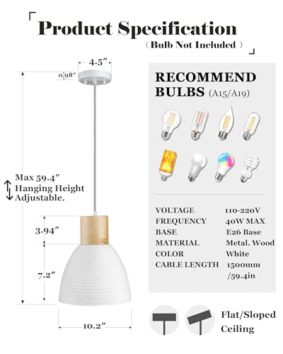 ELYONA 2 Pack Hammered Pendant Light Fixtures, 10.2” Metal & Rubber Wood Island Hanging Lamp, Adjustable Height, Modern Pendant Lighting for Kitchen,Farmhouse Bar,Dining Room,Bedroom, Nordic White - color: White - 2 Pack