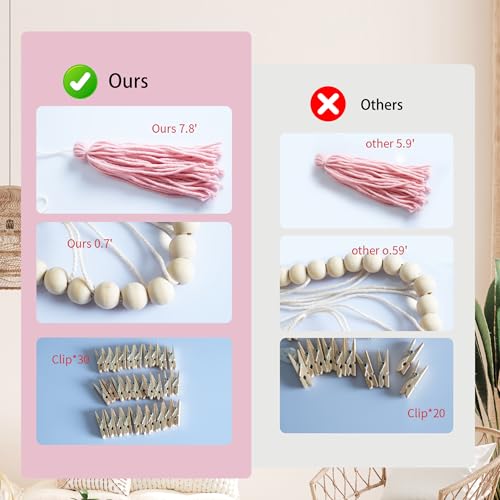 Macrame Hanging Photo Display Wall Decor, Macrame Photo Wall Hanging Boho Room Bedroom Wooden Beads Garland Picture Holder Photo Display Cilp with 30 Clip - color: Blush Pink White