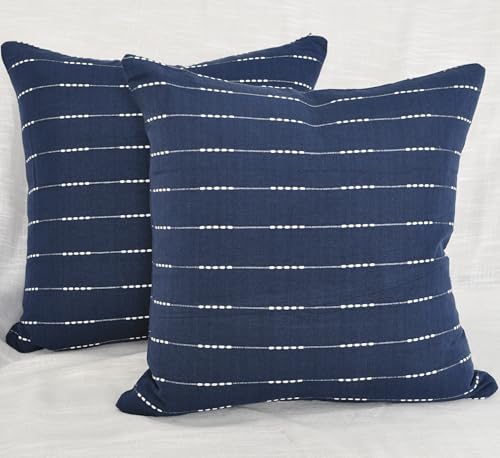 Modern Cotton Pillow Covers 18 x18 inches Navy Blue/Woven Loom Stripe Pattern Contemporary Luxury Cushion Covers/Simple Throw Pillow Cases for Living Room Sofa, Couch, Bed, Set of 2 - color: Blue, size: 18" x 18" (Pack of 2)