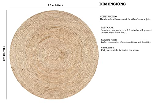 FRELISH DECOR Handwoven Jute Area Rug - 7 feet Round - Natural Yarn - Rustic Vintage Beige Braided Reversible Rug - Eco Friendly Rugs for Bedroom - Kitchen - Living Room - Farmhouse (7' Round) - color: Natural, size: 7' (Round)
