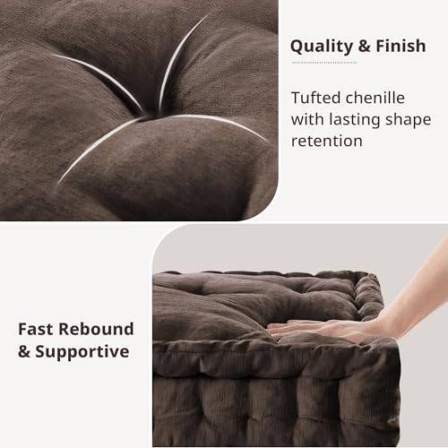 Intelligent Design Floor Pillow - Shredded Foam Filled Meditation & Yoga Cushion, Chenille Tufted, Handsewn Scalloped Edge, Oeko-TEX Certified, Azza, 20" x 20" x 5" Brown - color: Brown