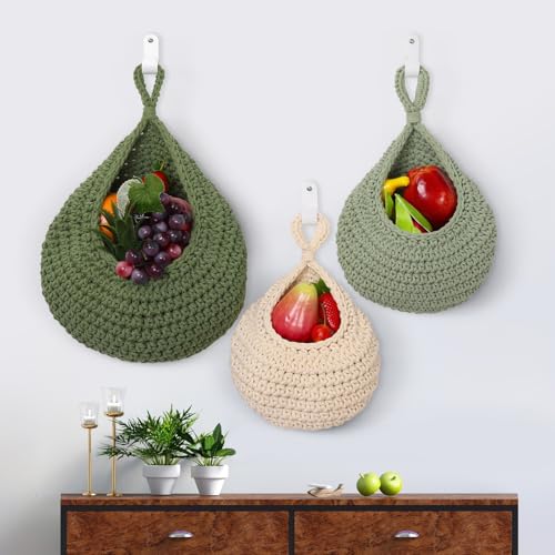 3 Pcs Boho hand-woven hanging linen basket,drop molding design,cotton rope storage baskets for living room,kitchen,wall-mounted fruit,vegetable potted plants organizer (3 sizes)
