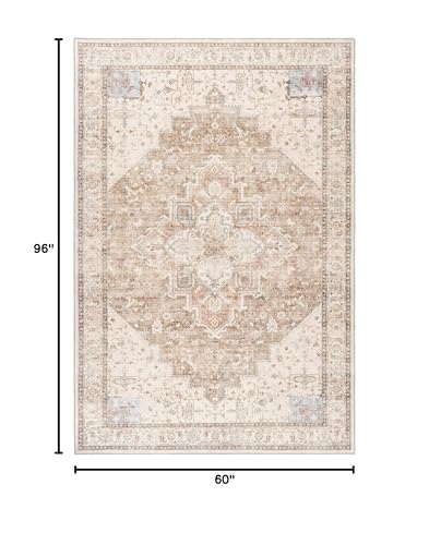 BILEEHOME Boho Farmhouse Bedroom Rug Washable Easy Clean Stain Resistant Vintage Country Rustic Neutral Persian Area Rug for Dining Room Under Table,Light Tan Brown Beig with Terracotta Pattern,5x8 - color: Coffee/Rust Brown, size: 5' x 8' (Rectangular)