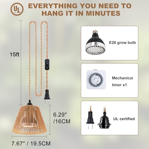 Hanging Grow Light, 30W LED Lamp with Timer for Indoor Plants | 4000K LED plant lamp with 15 ft cord, outlet timer, and boho paper rope shade for succulents, herbs, and low-light rooms. - color: Cone