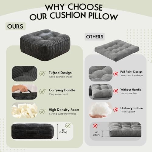 11" Thick Washable Floor Pillow for Adults, Yoga & Meditation Cushion with Handle, Square Large Pillows Seating with Removable Tufted Corduroy Cover for Tatami Living Room Board Games, Dark Gray - color: Dark Gray