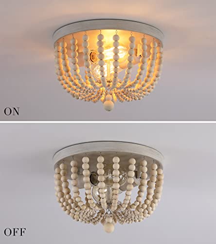 Q&S Boho Chandelier Wood Beaded Flush Mount Ceiling Light Fixtures for Nursery Baby Bedroom Kitchen Hallway,Oak White Finish,2-Lights - color: Ceiling-2OAK