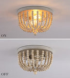 Q&S Boho Chandelier Wood Beaded Flush Mount Ceiling Light Fixtures for Nursery Baby Bedroom Kitchen Hallway,Oak White Finish,2-Lights - color: Ceiling-2OAK