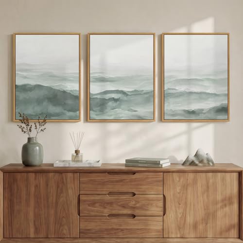Framed Pastel Green Landscape Wall Art Bedroom, 3 Piece Minimalist Misty Mountain Scenery Canvas Artwork for Walls, Sage Green Paintings Prints Wall Decor for Living Room Home Office, 12x16 Inch - color: Pastel Green