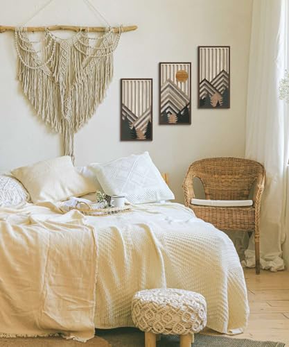 Putuo Decor Boho Mountain Wall Art Set of 3, Rustic Wooden Wall Decor, Nature-Inspired Geometric Artwork, Mid-Century Modern Aesthetic for Living Room, Bedroom, Office Brown 16.5 x 8.6 inch - color: Brown