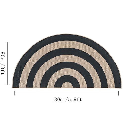 Faux Jute Rug 3x6Ft Half Circle Rainbow Doormat Easy Jute Carpet for Farmhouse Bedroom Kitchen, Non-Slip Half Round Neutral Floor Mat for Living Room Kids Room Indoor Outdoor Decor, Black 2 - color: Black 2, size: 3'x6'