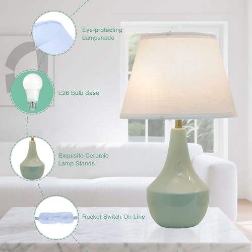 Green Table Lamps Set of 2 19" Ceramic Bedside Desk Lamps for Nightstands with Rocker Swtich Modern Sage Green Lamps for Bedroom Living Room (Bulbs not Include)